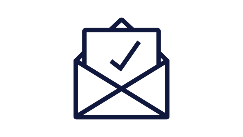 A vector image of an envelope open with a letter half pulled out. On the letter contains a tick mark in navy.