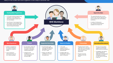 An infographic outlining the different routes into working in the NHS