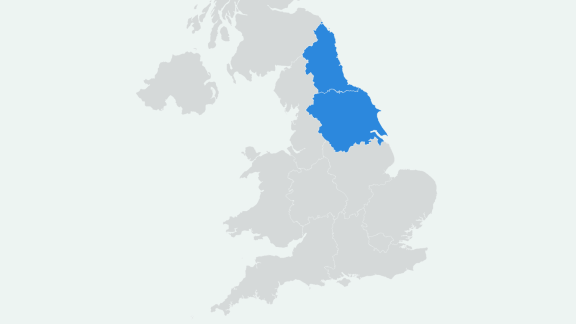 Map of England with North East of England and Yorkshire and Humber highlighted