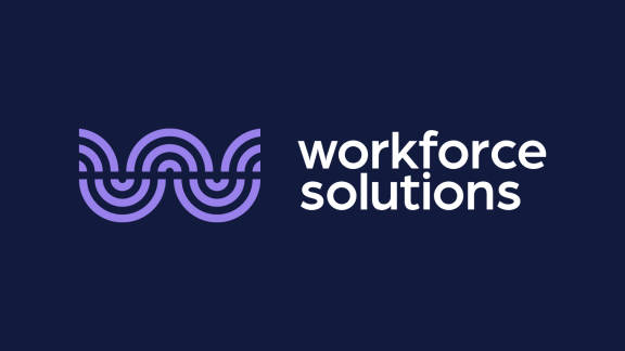 The Workforce Solutions logo on a navy background. Wavy purple lines with the text "Workforce Solutions"..