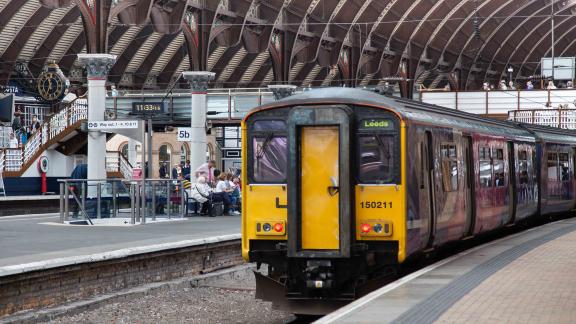 A train waiting at a station.