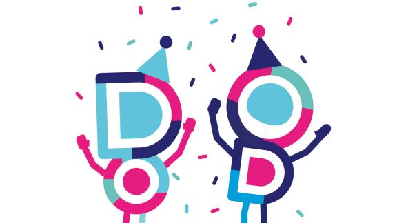 two figures made out of the words Do OD wearing party hats and cheering with confetti behind them