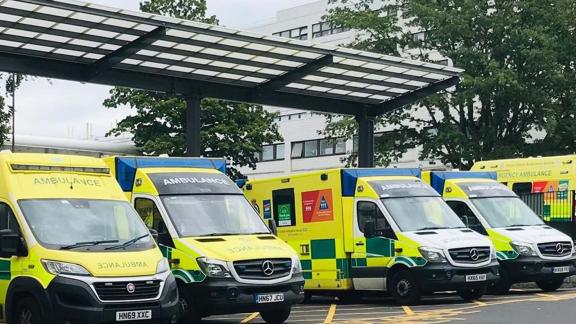 Four ambulances parked at South Central Ambulance Station