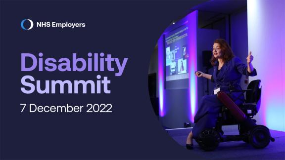 Featuring a woman on a stage of an event presenting to a crowd, with the title "Disability Summit 7 September 2022"