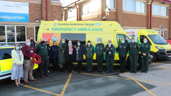 Yorkshire Ambulance Service crew group gathered in front of an ambulance