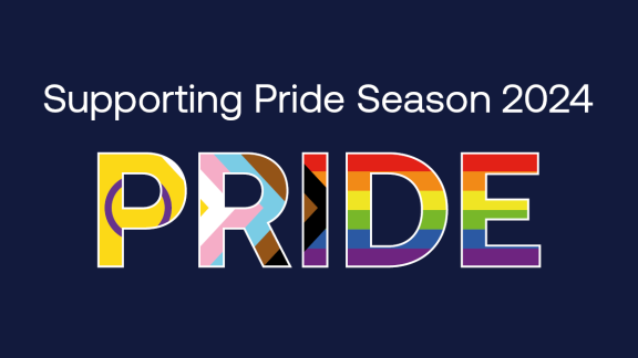 Graphic which reads: Supporting Pride season 2024, with the word 'PRIDE' made out of the intersex inclusive flag.