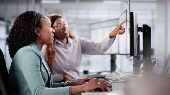 Young woman learning from mentor at a computer
