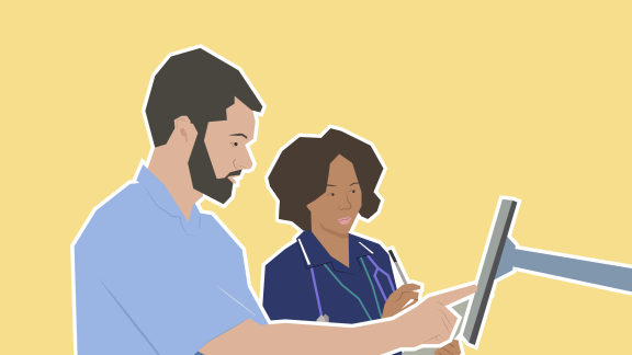 Animated headshot of two healthcare workers looking at a screen