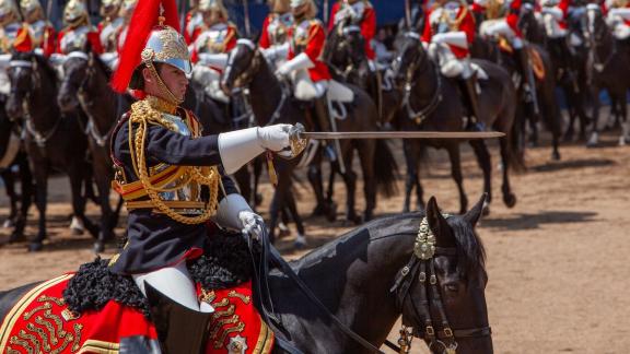 Mounted ceremonial soldiers in red and gold uniform taking part in a formal parade.