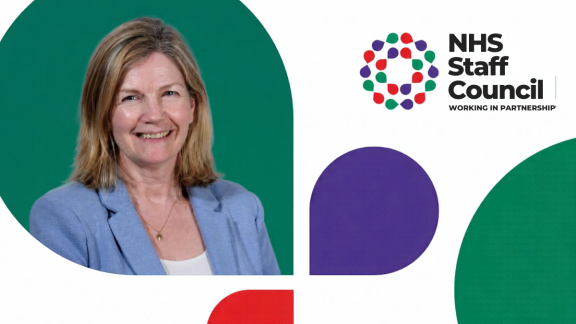 Photo of Bridget O’Kelly, Staff Council employer chair and NHS Staff Council logo