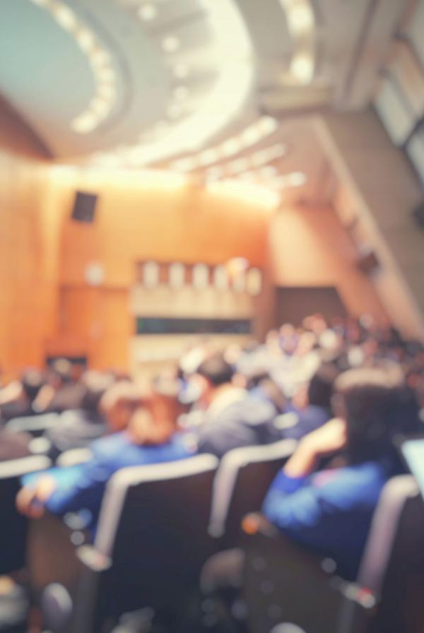 A blurred photo of delegates at a conference.