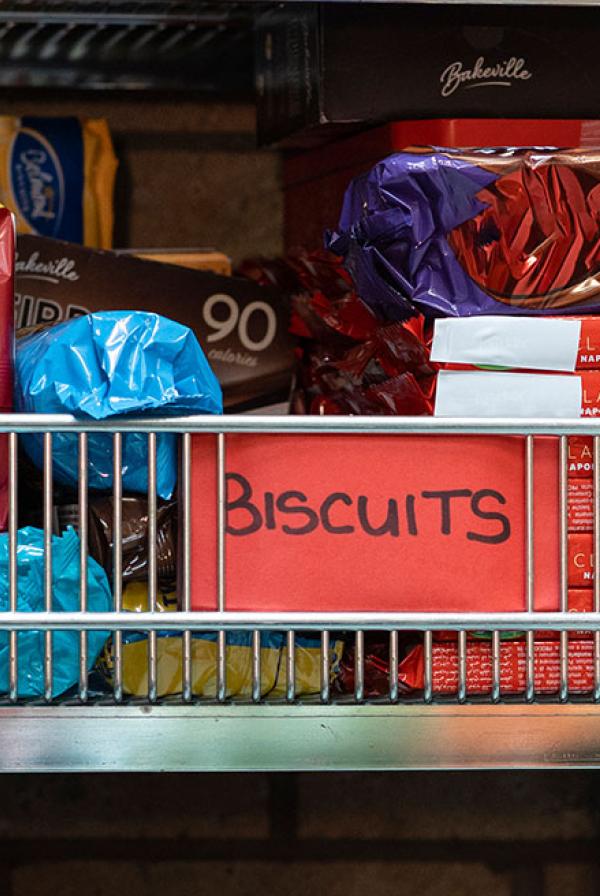 Shelves of food at a food bank.