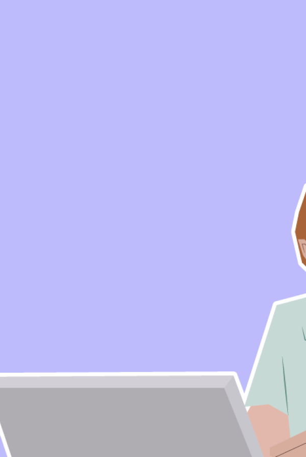 Illustration of two colleagues having a conversation at a laptop