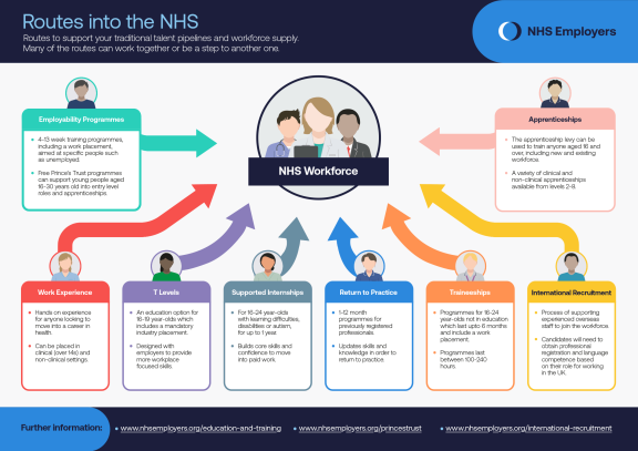 An infographic outlining the different routes into working in the NHS