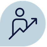 Icon of a person with rising arrow showing development and progression.