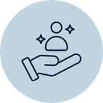 Illustration of an open hand supporting a person icon, symbolising care, support, wellbeing and valuing people.