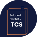 Icon showing a document titled “Salaried dentists TCS” in white text on a dark blue background, with an orange outline, representing terms and conditions of service for salaried dentists.