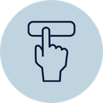 A blue circular icon showing an outlined hand with an extended index finger pressing a horizontal button, representing sign-up, registration, or selecting an option.