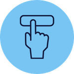 A blue circular icon showing an outlined hand with an extended index finger pressing a horizontal button, representing sign-up, registration, or selecting an option.