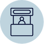 Illustration of an exhibition stand with a person at an information booth, representing conferences, exhibitions or event displays.